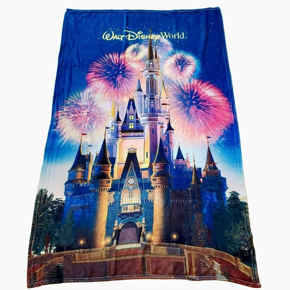 Disney World Castle Magic Kingdom Throw Blanket 62x39” Large Fleece Fireworks
